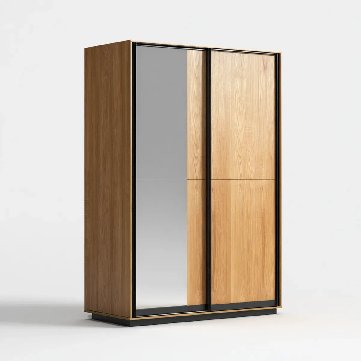 Armoire à portes coulissantes chêne naturel noir avec miroir 120 x 60 x 200 cm en panneaux de particules plaqués chêne rectangulaire