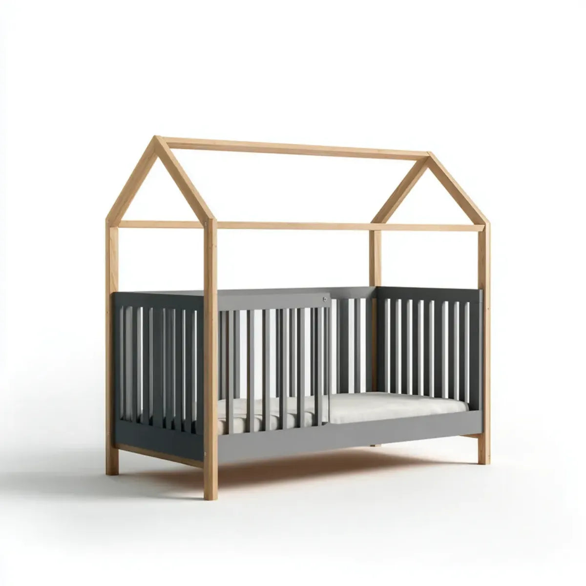 Lit bébé à barreaux cabane gris anthracite et naturel 120 x 60 cm en pin massif et MDF