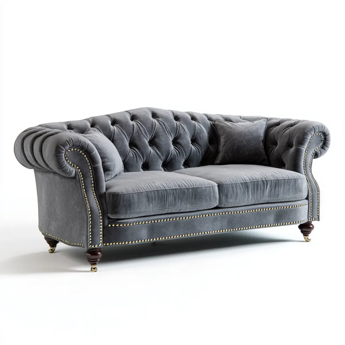 Canapé Chesterfield droit 3 places gris anthracite en velours de polyester 230 x 96 x 78 cm