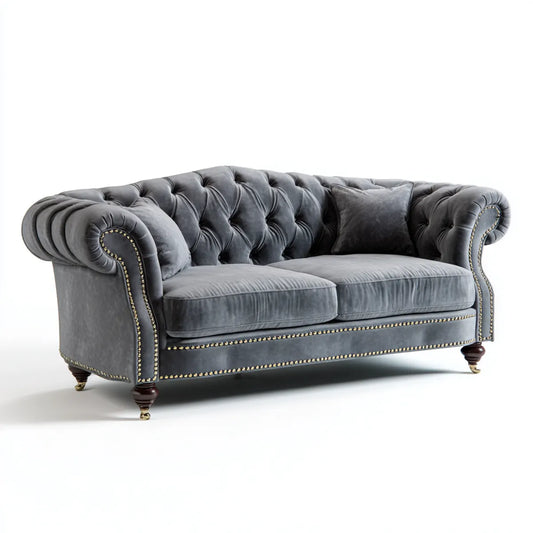 Canapé Chesterfield droit 3 places gris anthracite en velours de polyester 230 x 96 x 78 cm