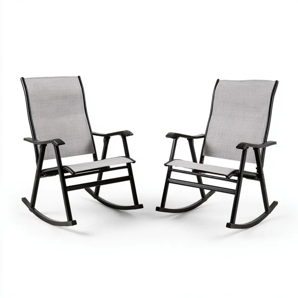 Lot de 2 fauteuils à bascule de jardin gris et noir en acier thermolaqué et textilène 86 x 61 x 100 cm