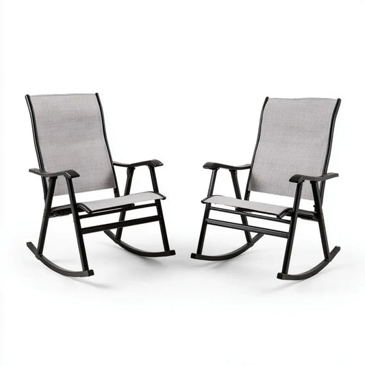 Lot de 2 fauteuils à bascule de jardin gris et noir en acier thermolaqué et textilène 86 x 61 x 100 cm