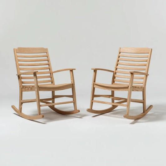 Lot de 2 fauteuils à bascule de jardin naturel en bois massif à dossier haut 65 x 92 x 112 cm