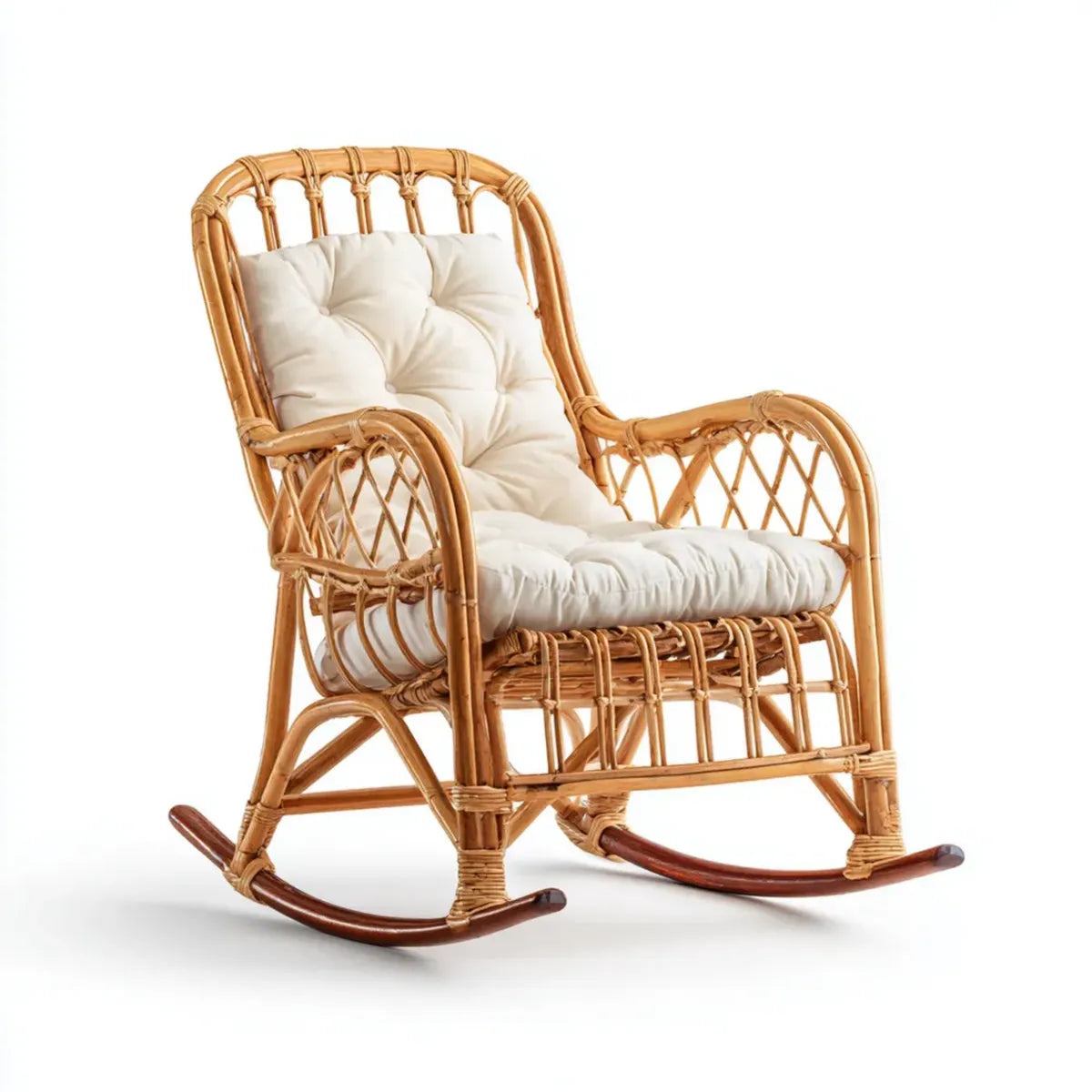 Fauteuil à bascule de jardin en rotin naturel miel avec coussin écru 70 x 100 x 105 cm