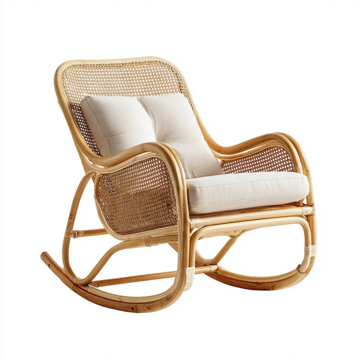 Fauteuil à bascule de jardin en rotin naturel beige avec coussins L 67 x P 95 x H 100 cm forme arrondie