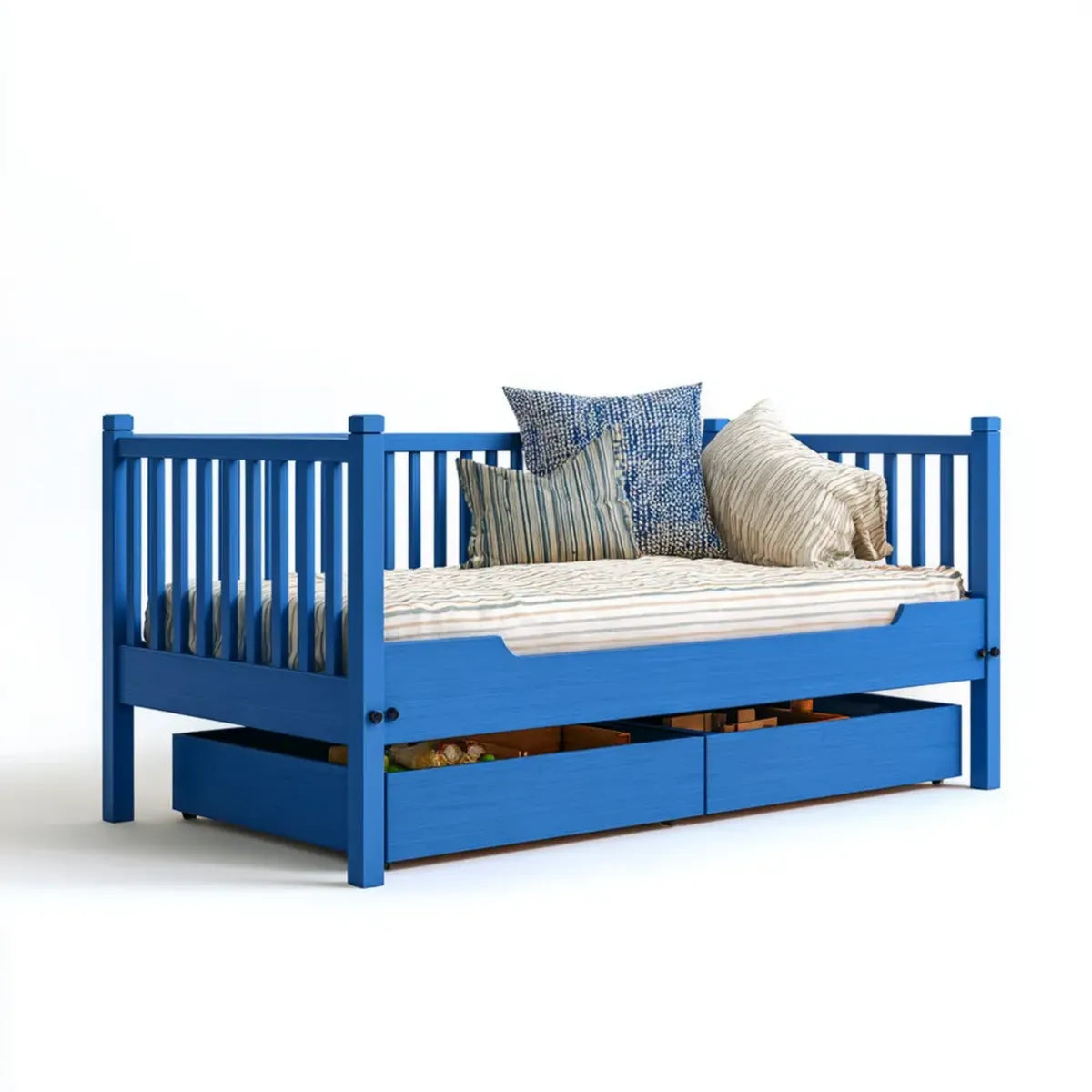 Lit enfant avec barrières et 2 tiroirs bleu 90 x 190 cm en pin massif rectangulaire