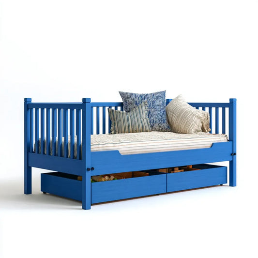 Lit enfant avec barrières et 2 tiroirs bleu 90 x 190 cm en pin massif rectangulaire