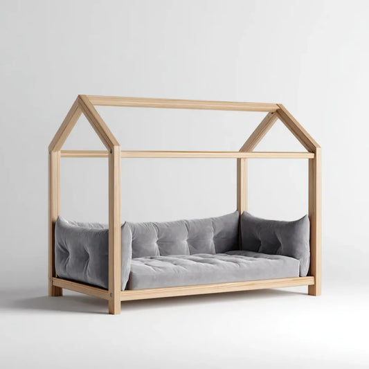 Lit cabane enfant avec coussins gris 90 x 190 cm en pin massif forme maison