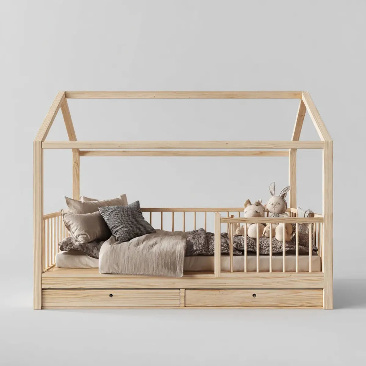 Lit cabane enfant avec barrières et 2 tiroirs en pin massif naturel 90 x 190 cm