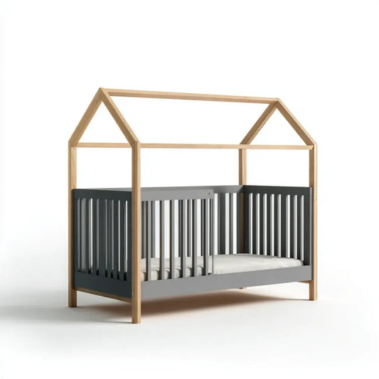 Lit bébé à barreaux cabane gris anthracite et naturel 120 x 60 cm en pin massif et MDF